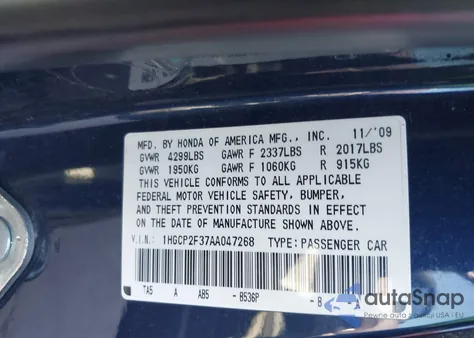 2010 Honda Accord 2.4 Lx from USA, damaged, VIN 1HGCP2F37AA047268